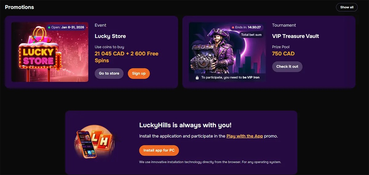 Casino promotions page featuring a Lucky Store event, a VIP Treasure Vault tournament with a 750 CAD prize pool, and a Lucky Hills app installation banner on a dark background.