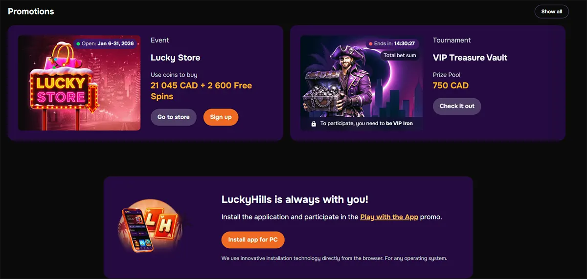 Casino promotions page featuring a Lucky Store event, a VIP Treasure Vault tournament with a 750 CAD prize pool, and a Lucky Hills app installation banner on a dark background.