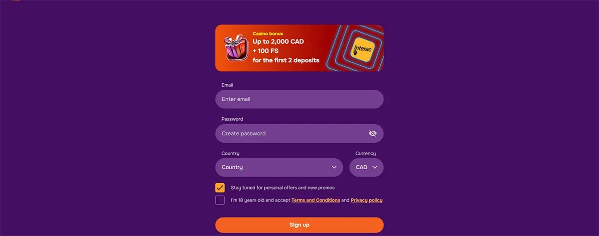 Casino sign-up form on a purple background with email, password, country, and currency fields, plus a bonus banner offering up to 2,000 CAD and 100 free spins for the first two deposits.
