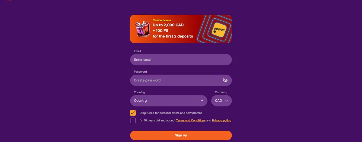 Casino sign-up form on a purple background with email, password, country, and currency fields, plus a bonus banner offering up to 2,000 CAD and 100 free spins for the first two deposits.